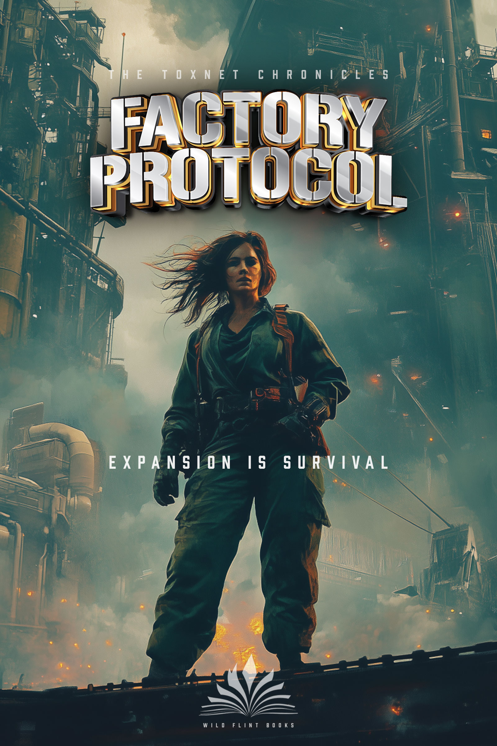 Factory Protocol Book Cover showing a figure in survival gear standing against an industrial backdrop